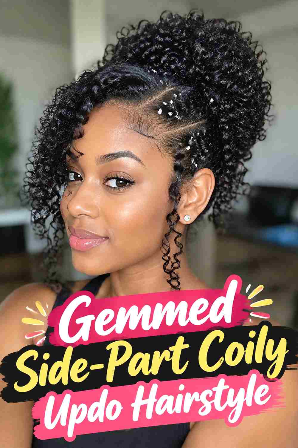 16. Gemmed Side Part Coily Updo Hairstyle