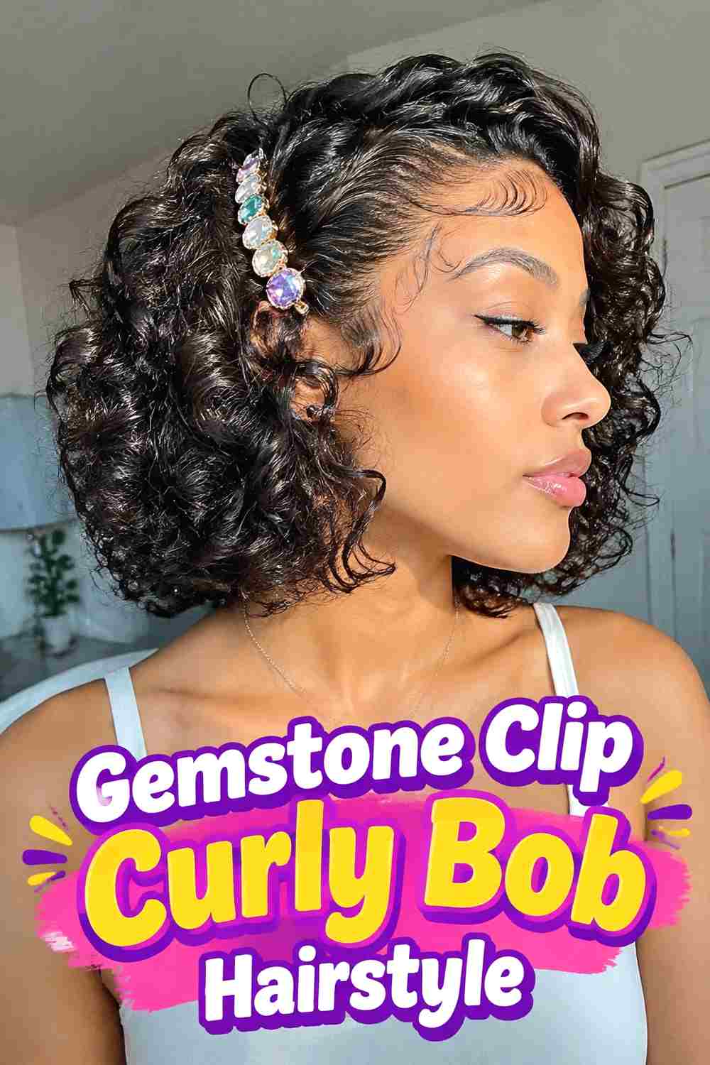 6. Gemstone Clip Curly Bob Hairstyle