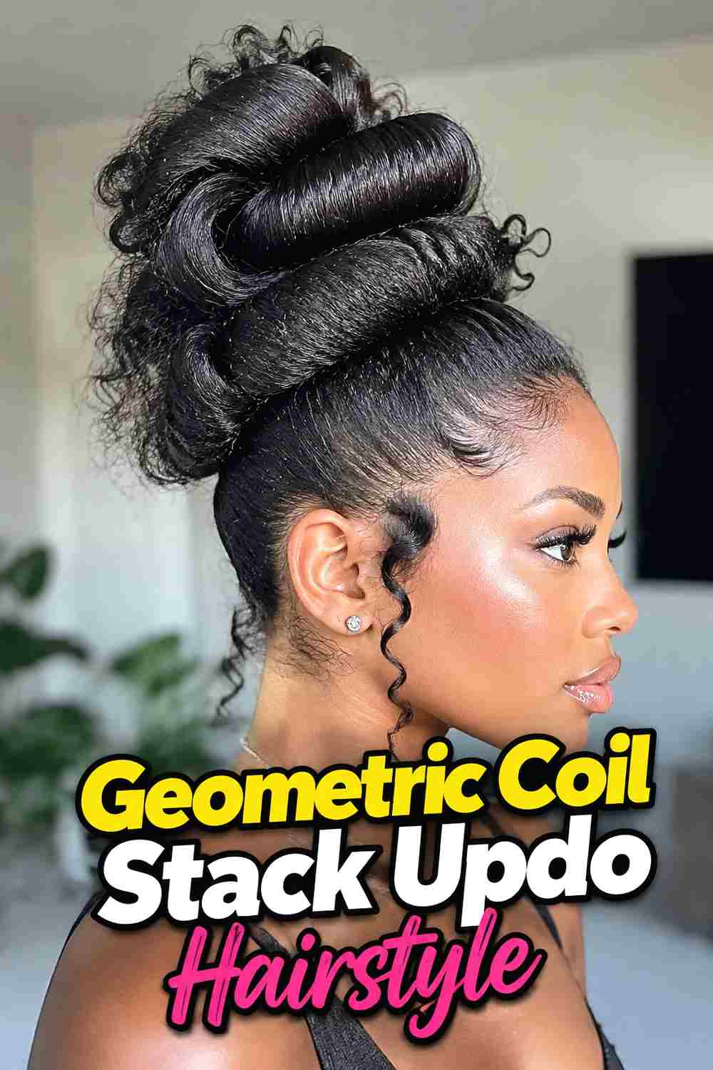 15. Geometric Coil Stack Updo Hairstyle