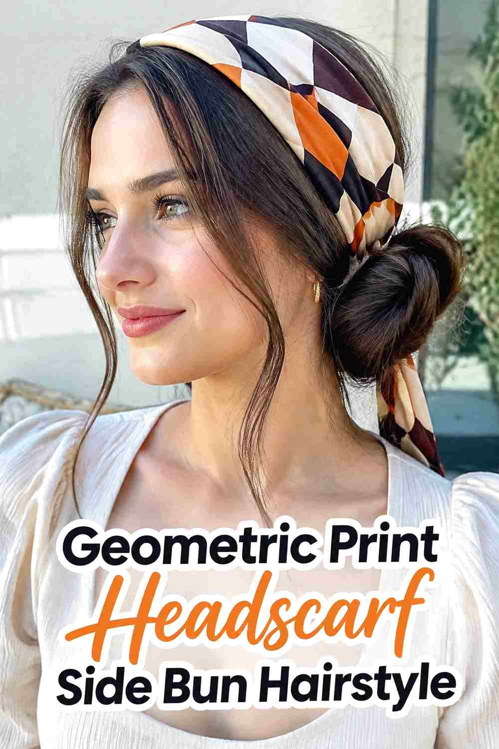 4. Geometric Print Headscarf Side Bun Hairstyle