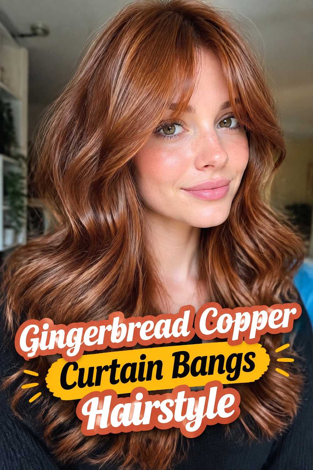 10. Gingerbread Copper Curtain Bangs Hairstyle