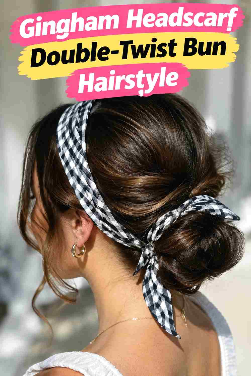 9. Gingham Headscarf Double Twist Bun Hairstyle