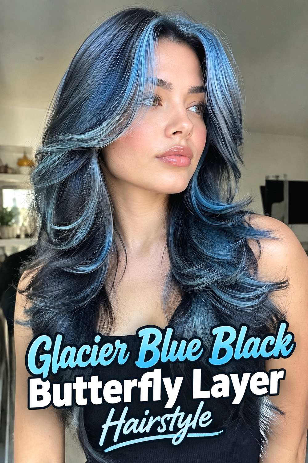 8. Glacier Blue Black Butterfly Layer Hairstyle
