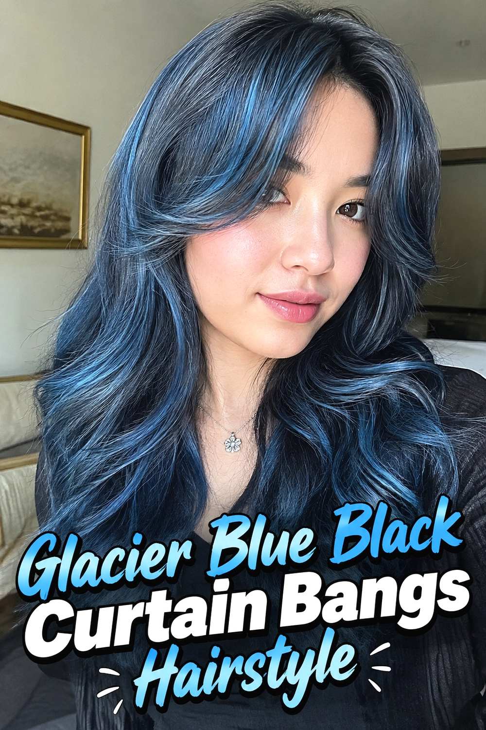 5. Glacier Blue Black Curtain Bangs Hairstyle
