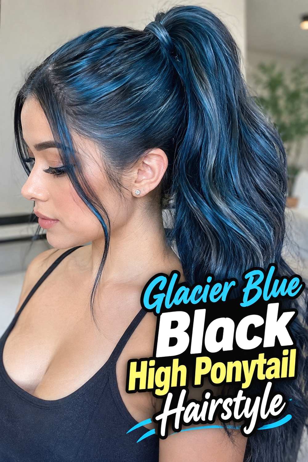 12. Glacier Blue Black High Ponytail Hairstyle
