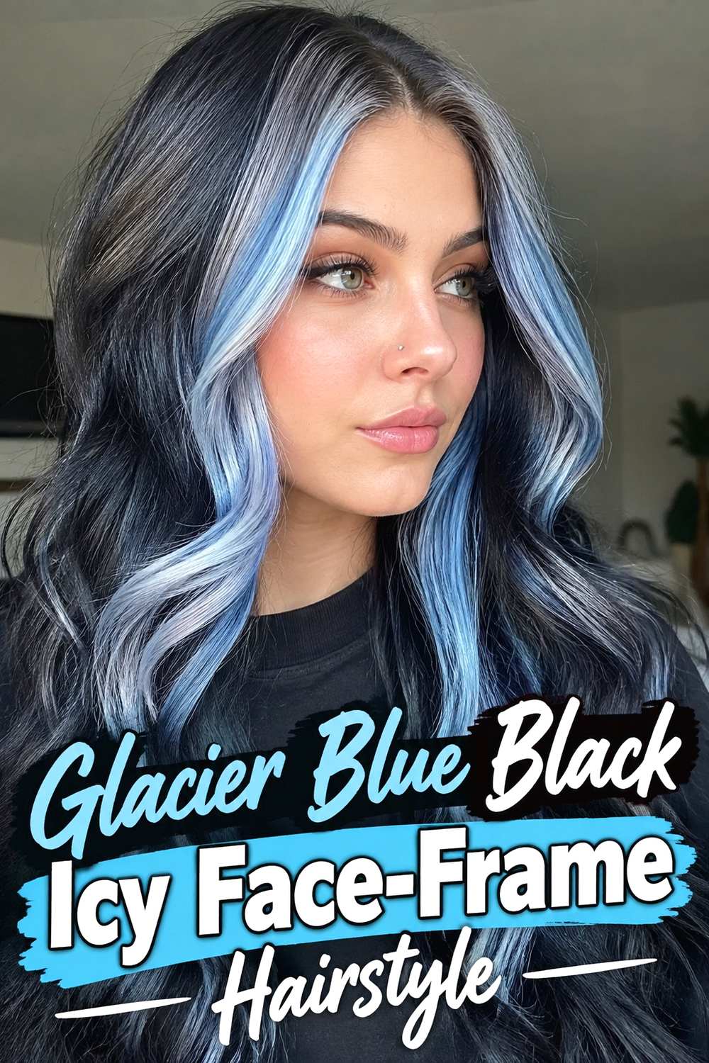 15. Glacier Blue Black Icy Face Frame Hairstyle