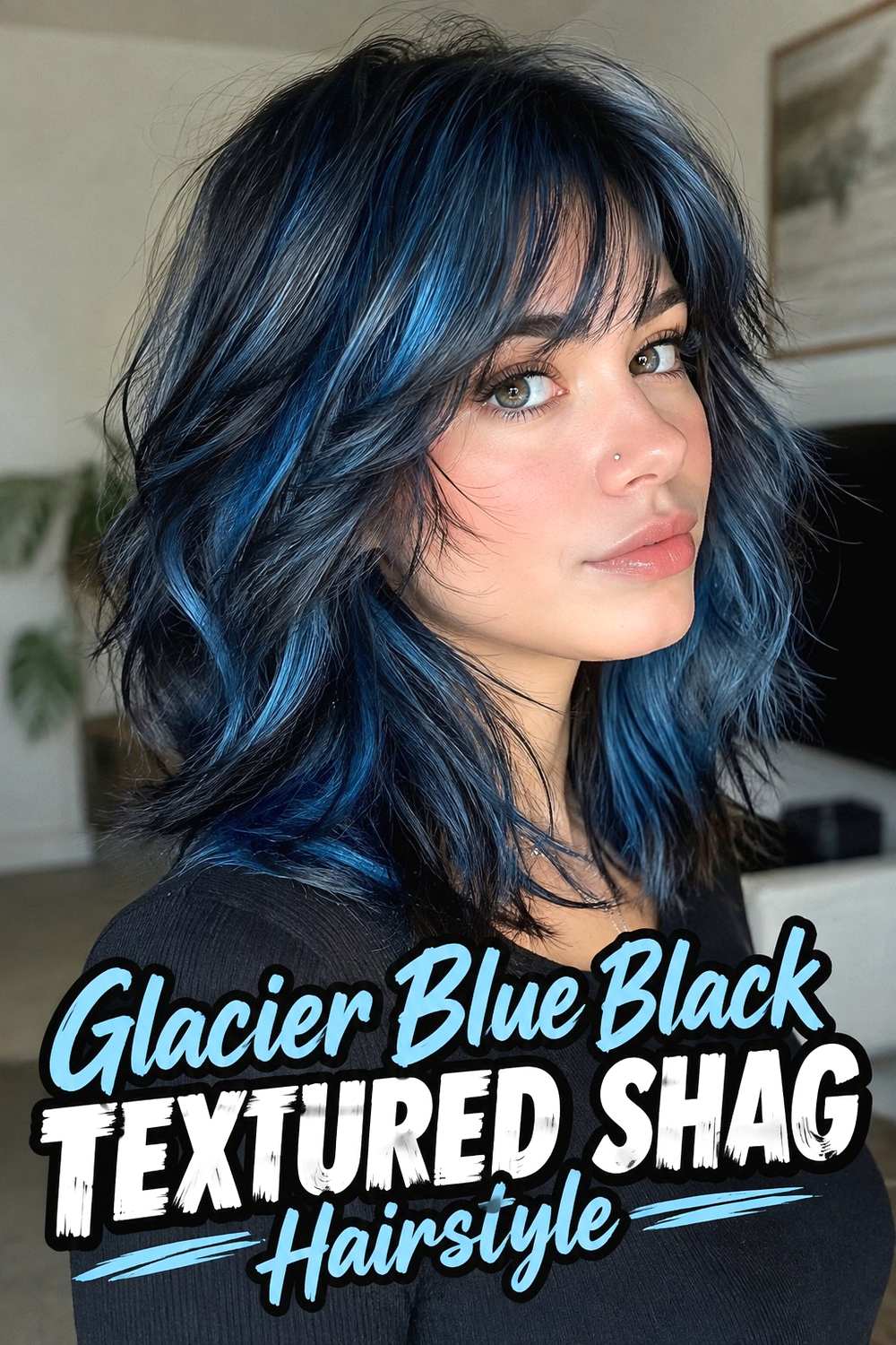 6. Glacier Blue Black Textured Shag Hairstyle