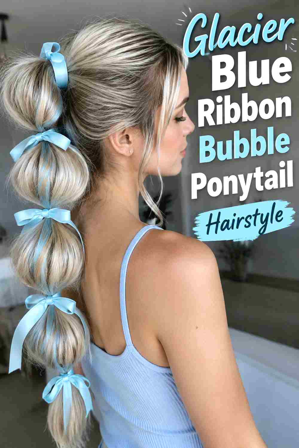 6. Glacier Blue Ribbon Bubble Ponytail Hairstyle