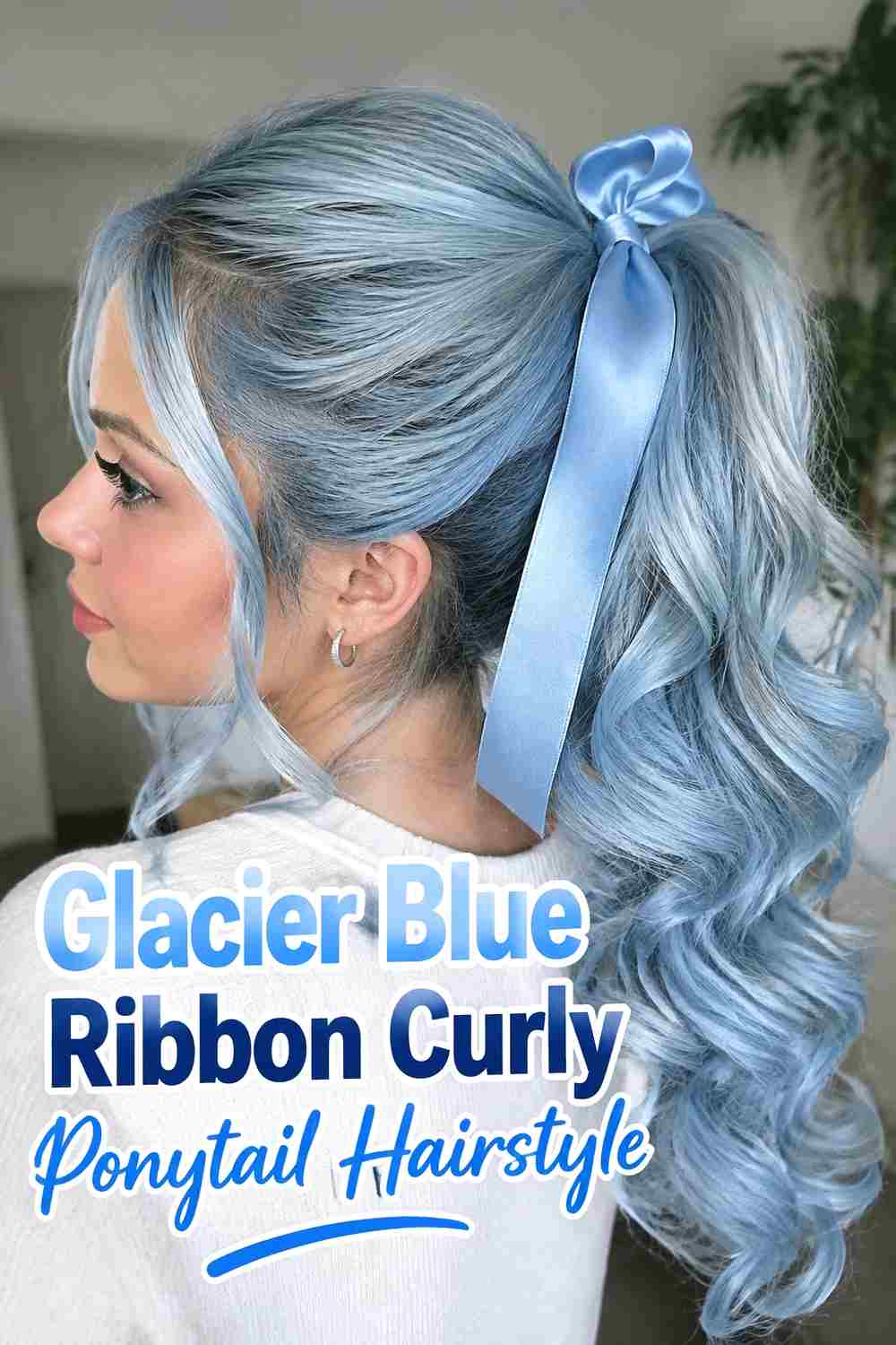 14. Glacier Blue Ribbon Curly Ponytail Hairstyle