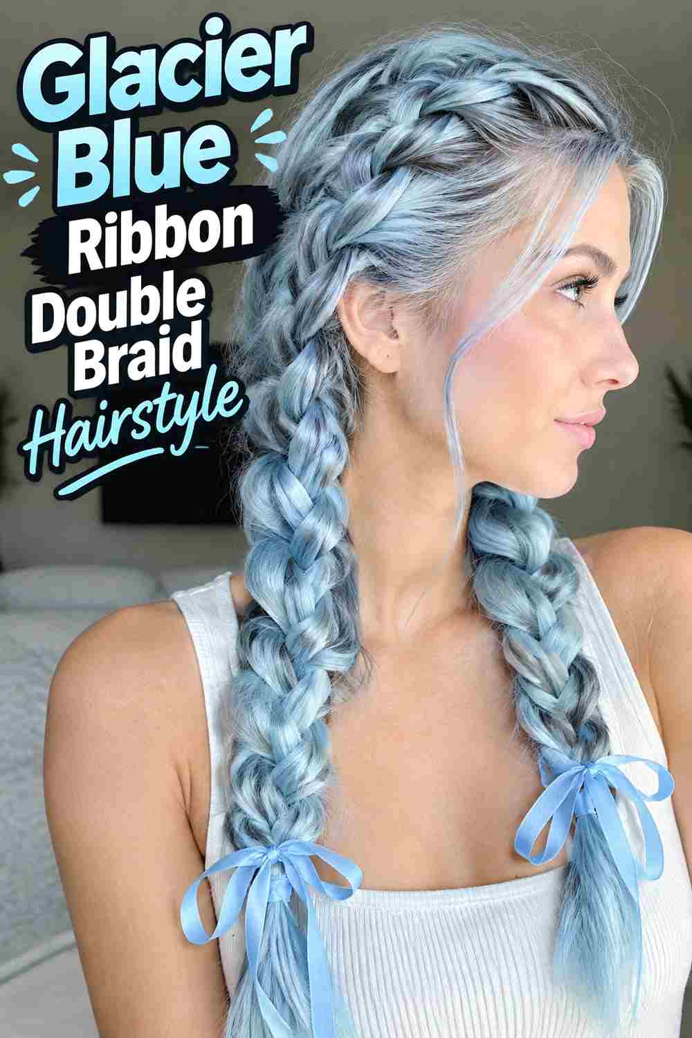 9. Glacier Blue Ribbon Double Braid Hairstyle