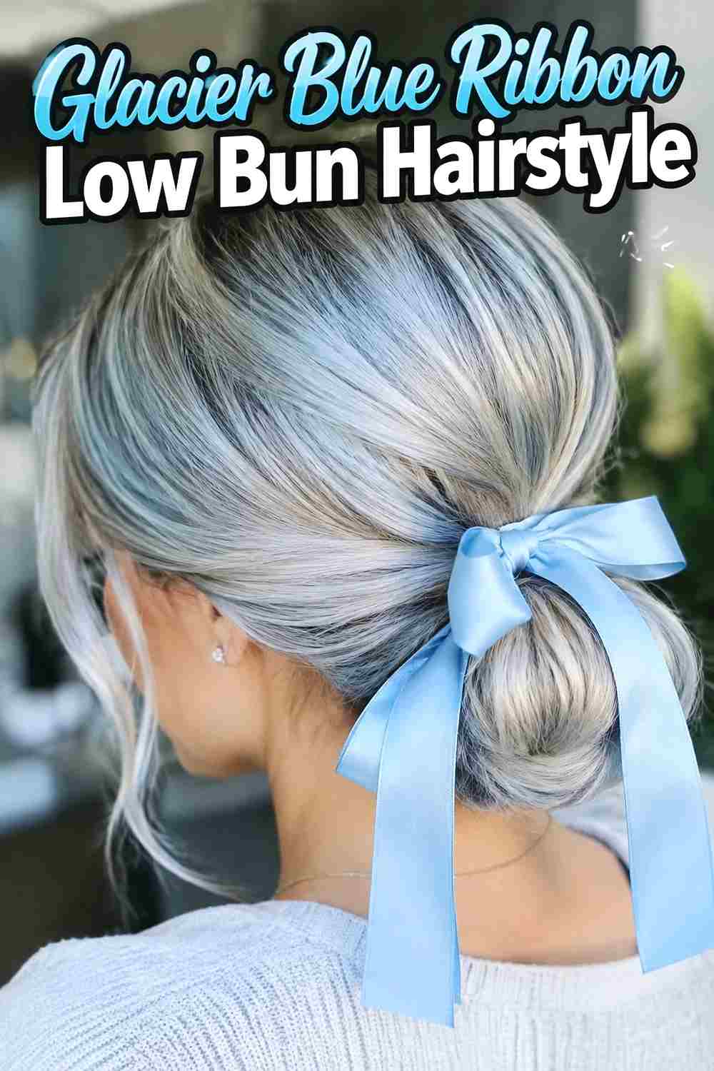 4. Glacier Blue Ribbon Low Bun Hairstyle