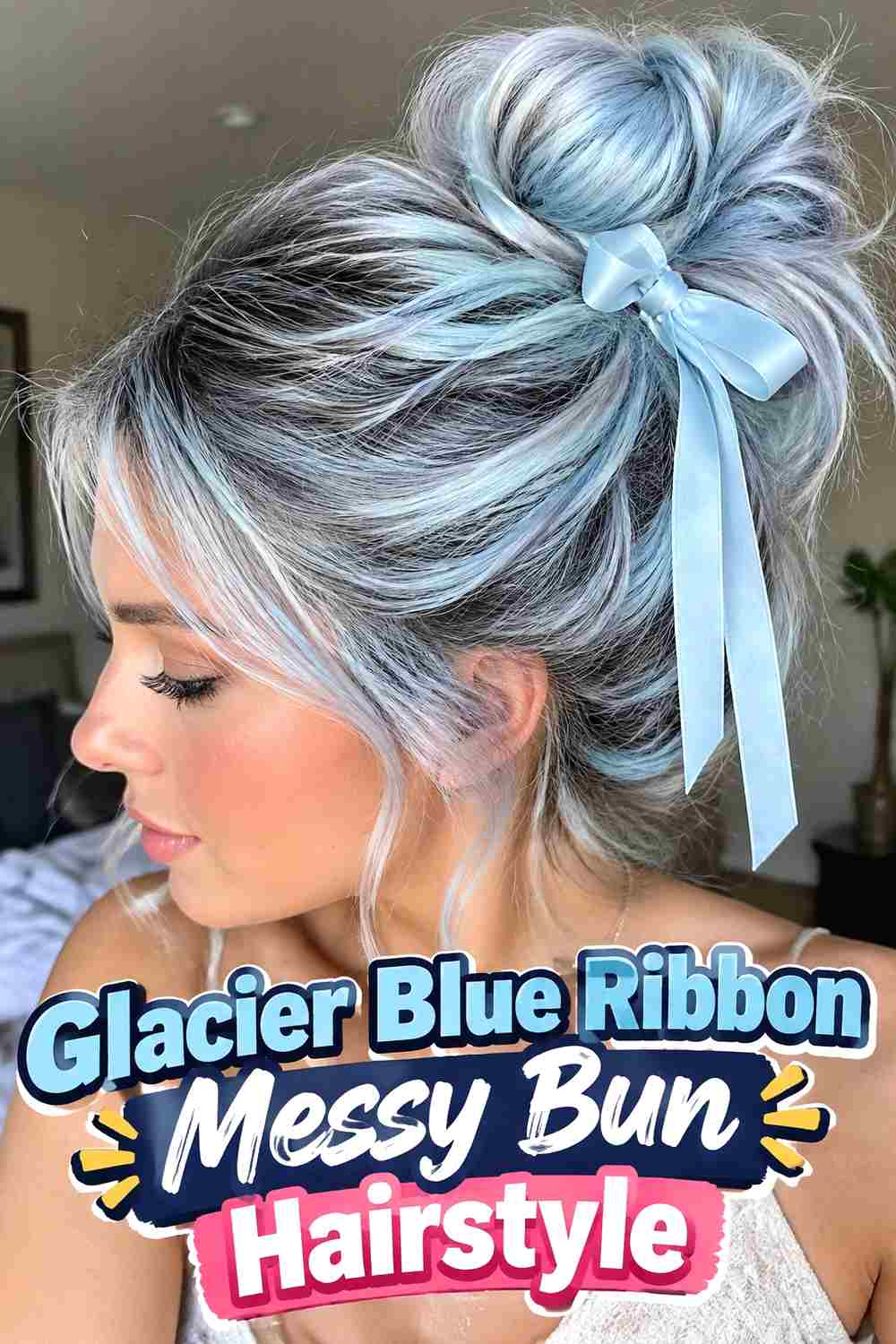 10. Glacier Blue Ribbon Messy Bun Hairstyle
