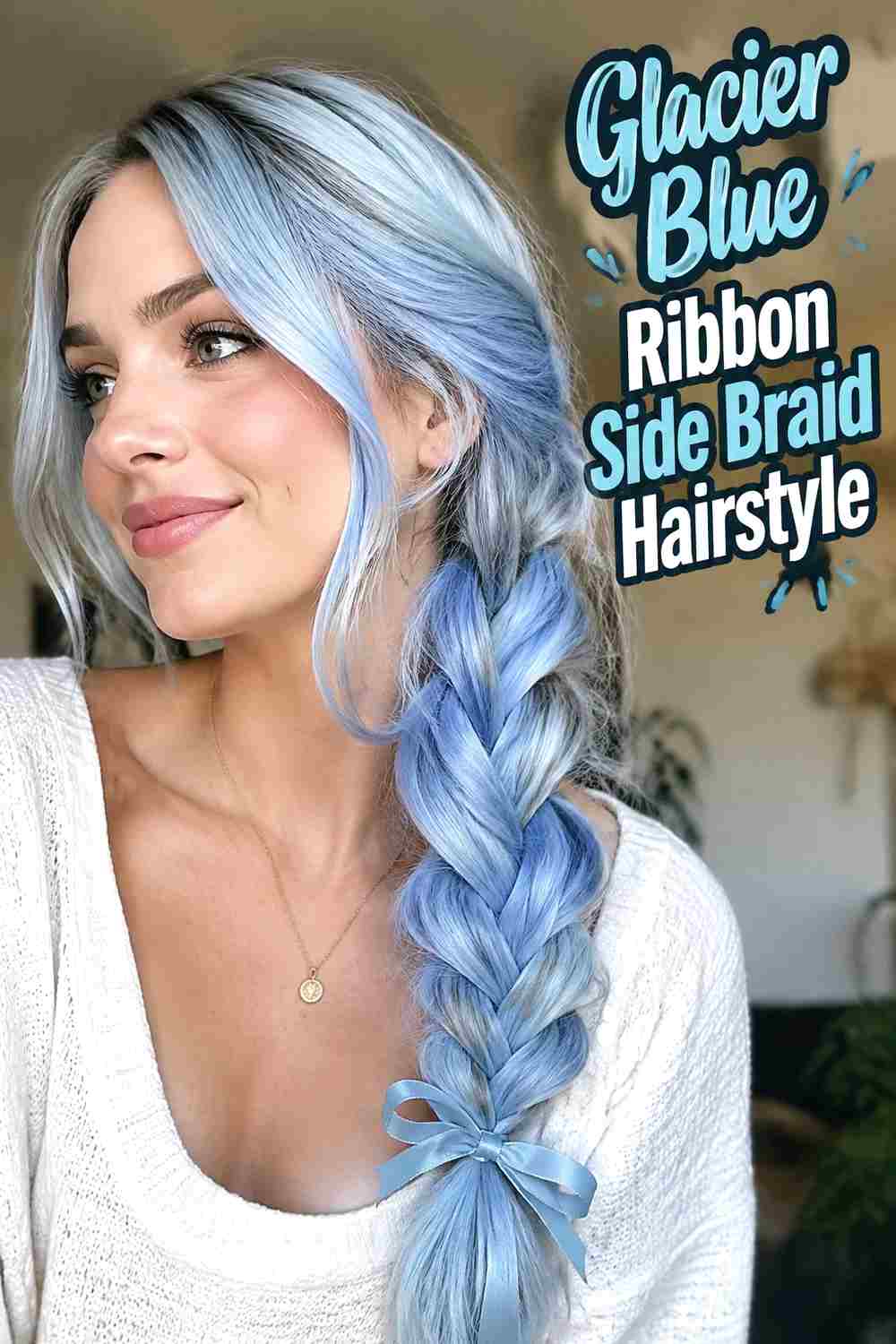 7. Glacier Blue Ribbon Side Braid Hairstyle