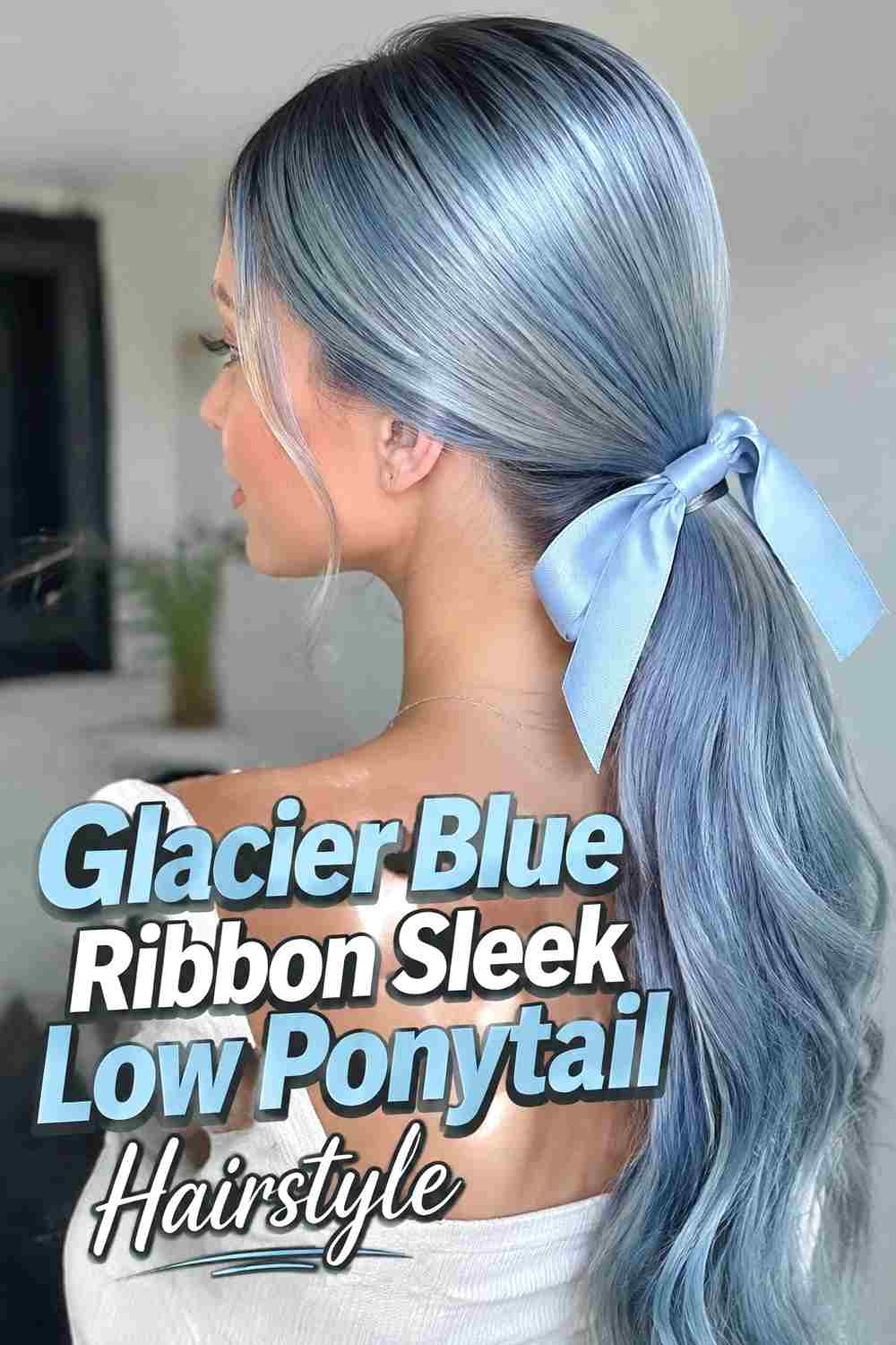 12. Glacier Blue Ribbon Sleek Low Ponytail Hairstyle