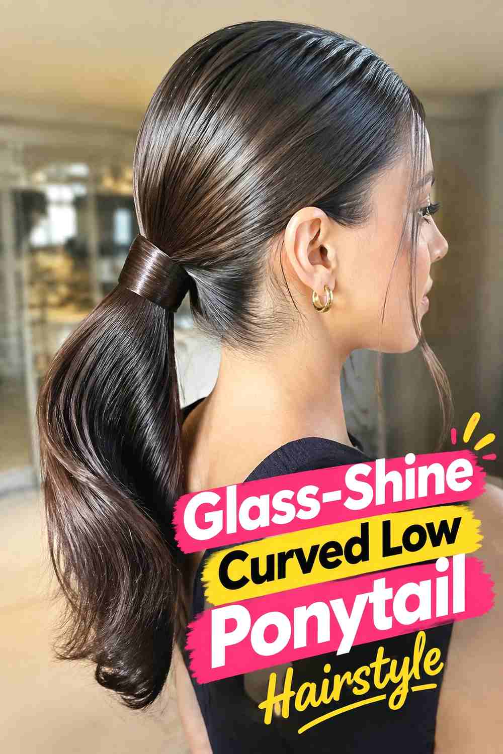 4. Glass Shine Curved Low Ponytail Hairstyle