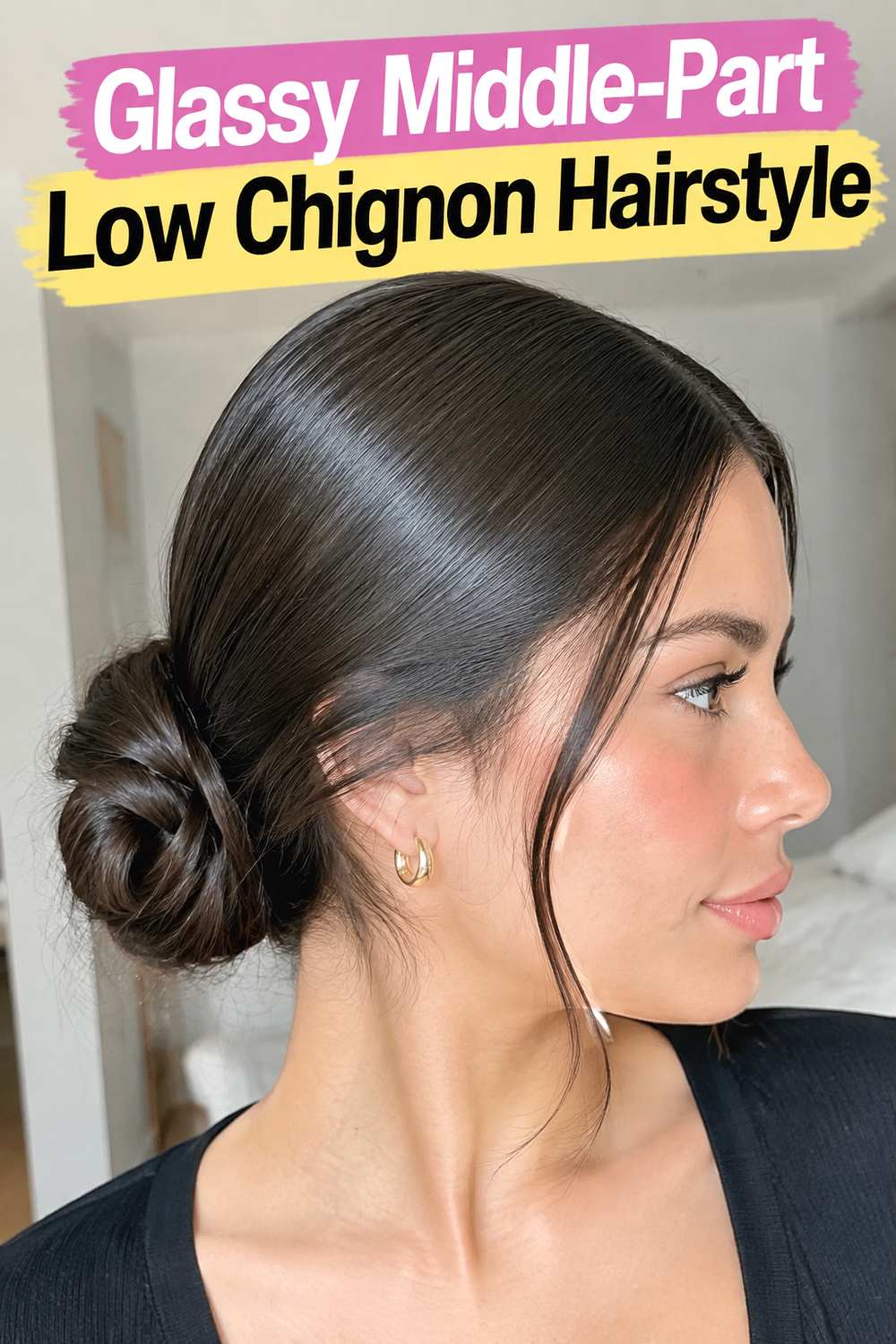 Glassy Middle-Part Low Chignon Hairstyle