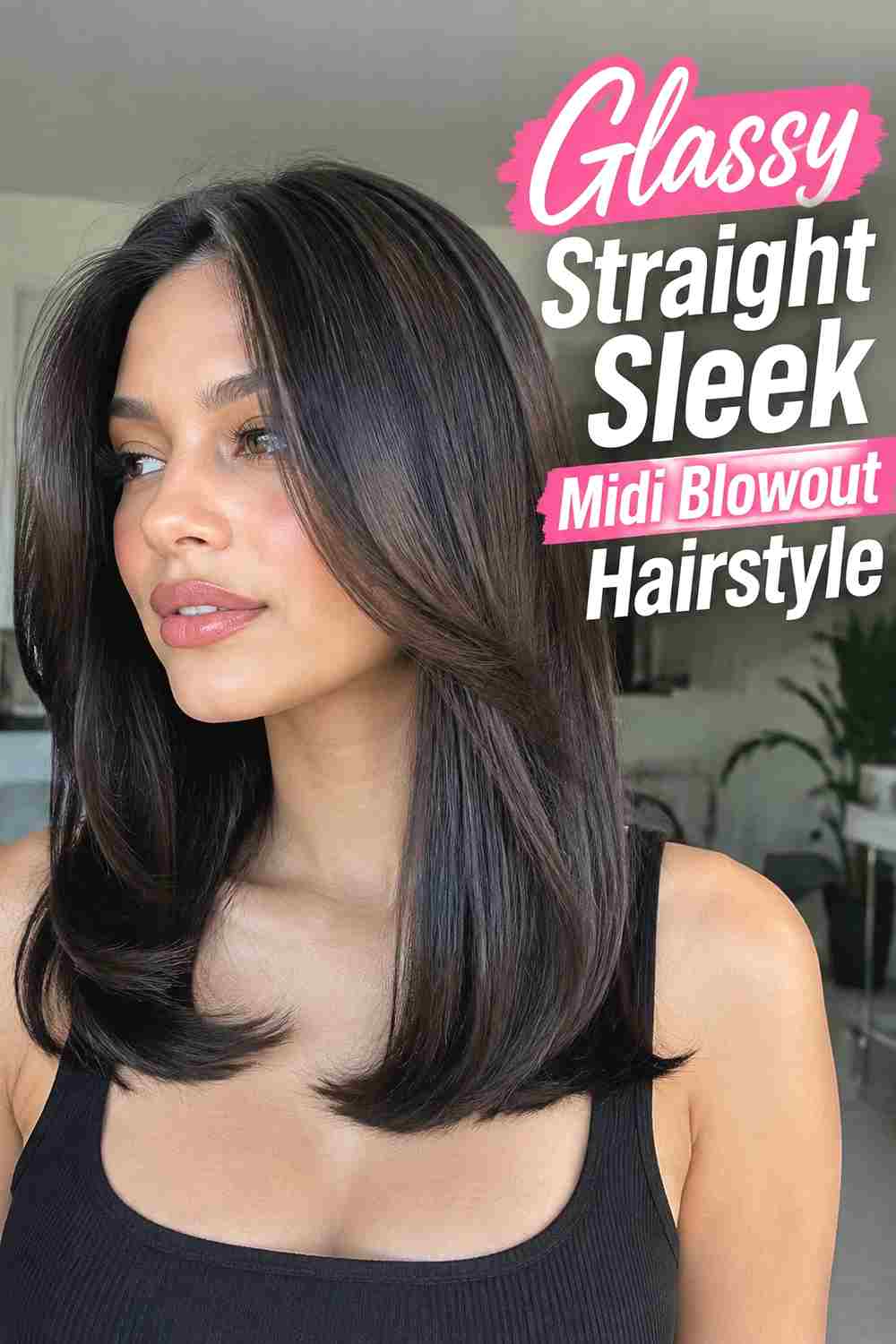 3. Glassy Straight Sleek Midi Blowout Hairstyle
