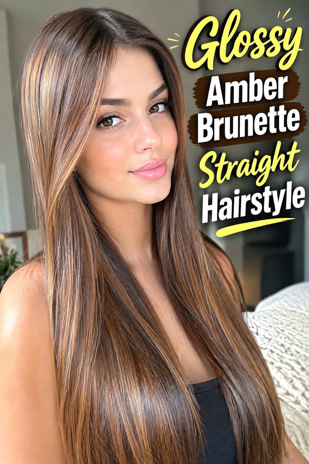 19. Glossy Amber Brunette Straight Hairstyle