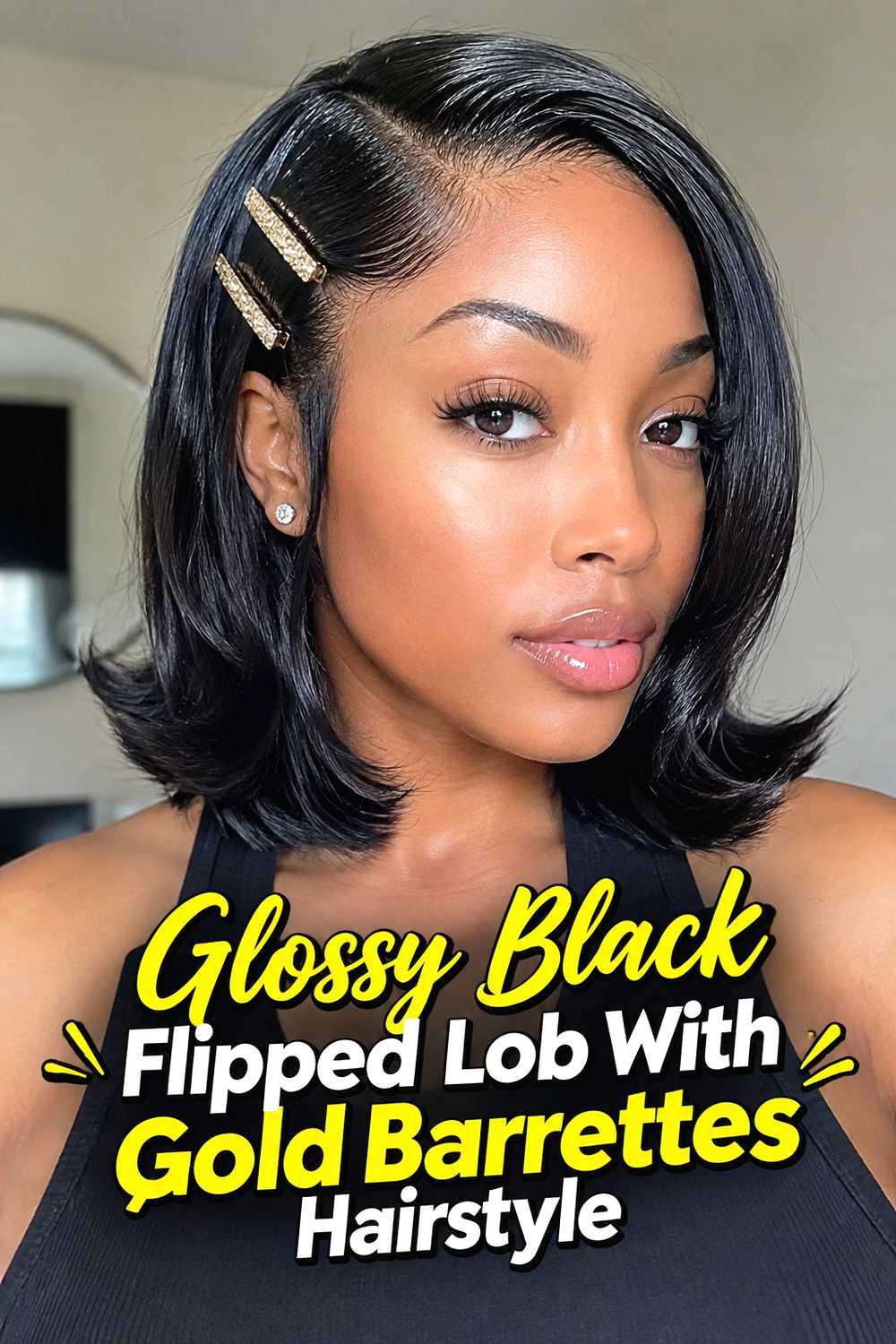 10. Glossy Black Flipped Lob With Gold Barrettes Hairstyle