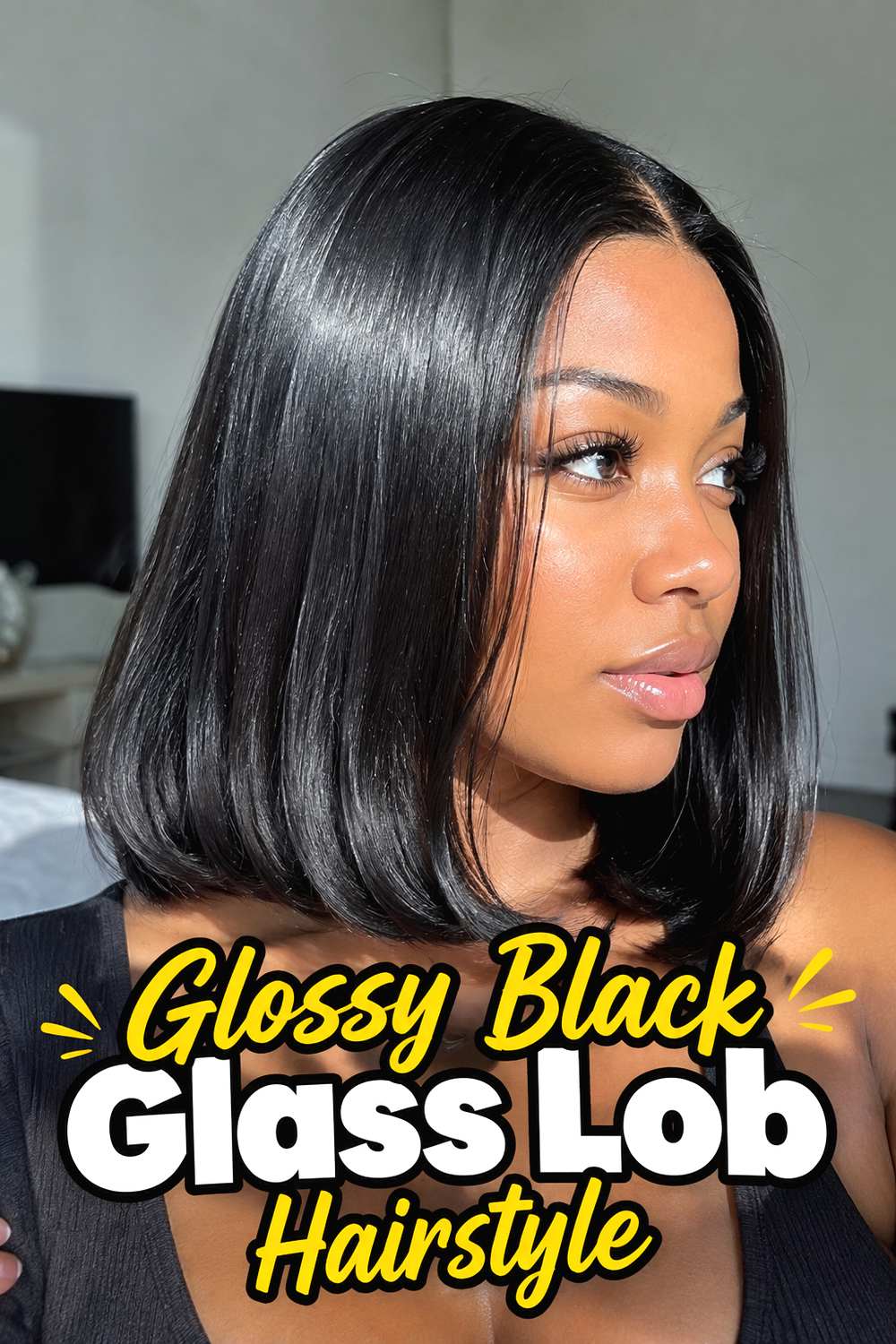 Glossy Black Glass Lob Hairstyle
