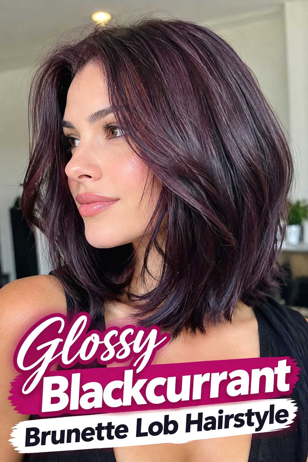 12. Glossy Blackcurrant Brunette Lob Hairstyle