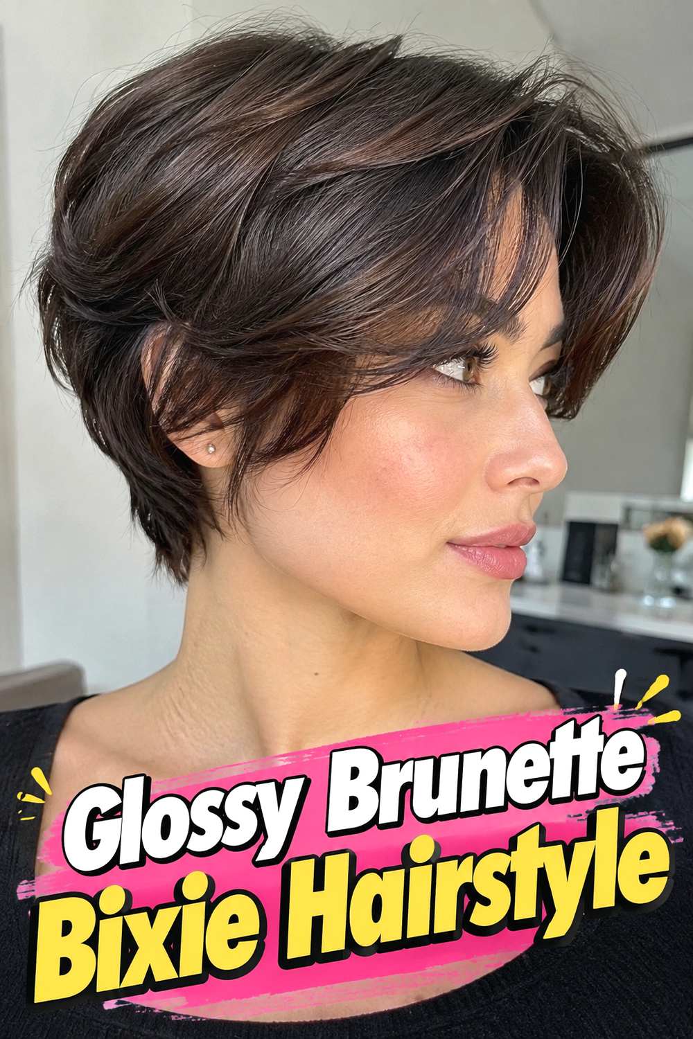 Glossy Brunette Bixie Hairstyle