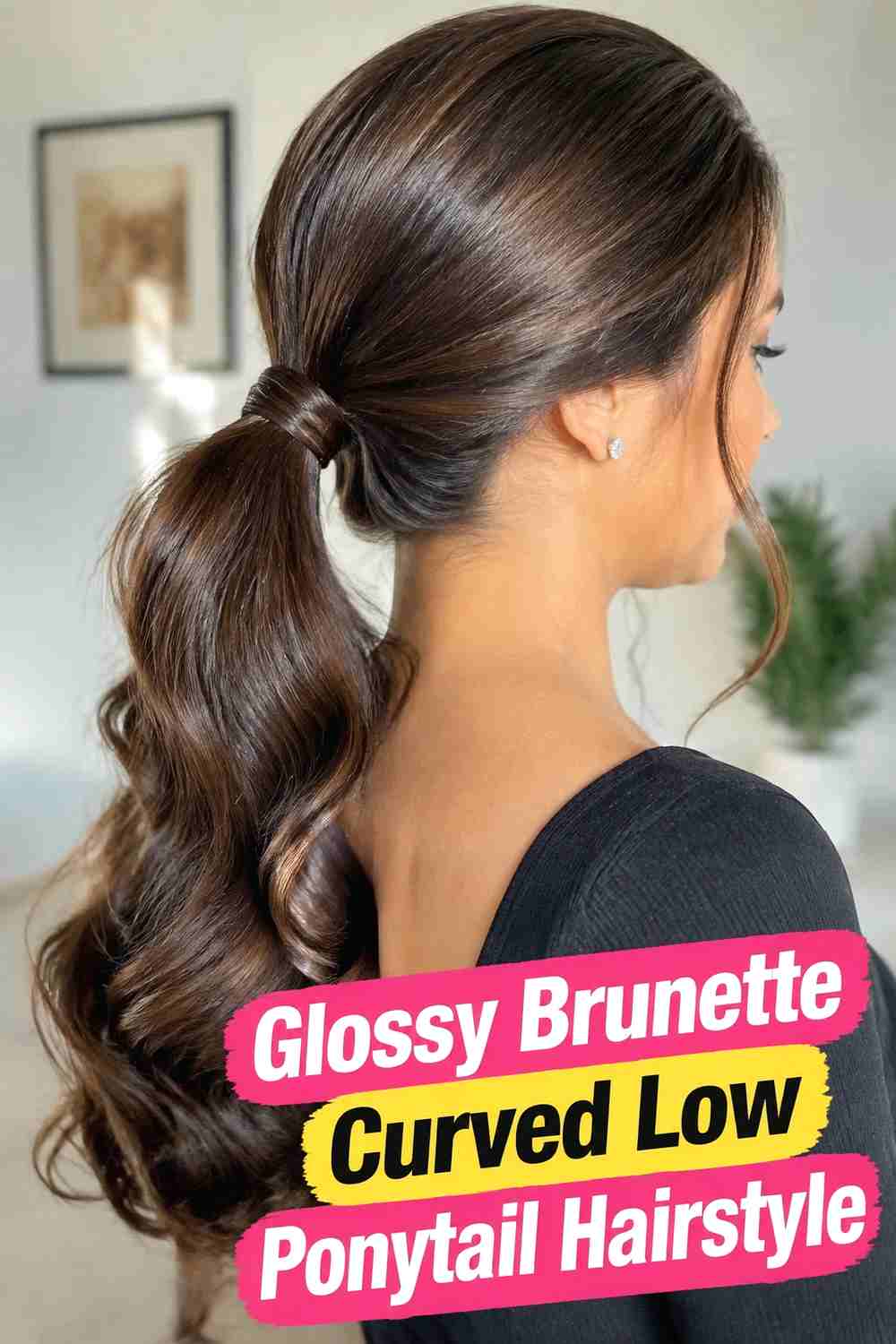 11. Glossy Brunette Curved Low Ponytail Hairstyle