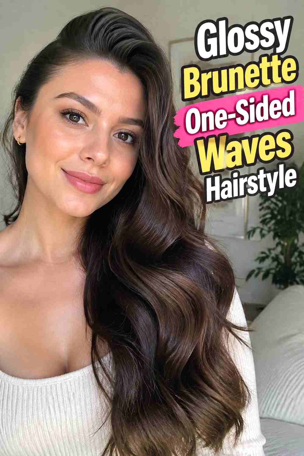 7. Glossy Brunette One Sided Waves Hairstyle