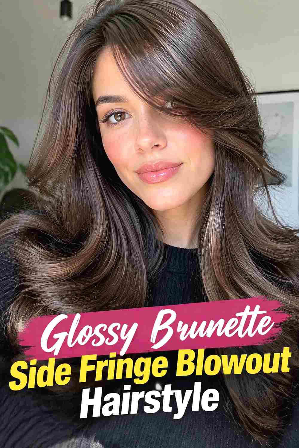 3. Glossy Brunette Side Fringe Blowout Hairstyle