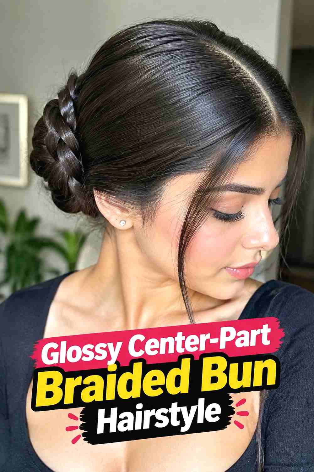 5. Glossy Center Part Braided Bun Hairstyle