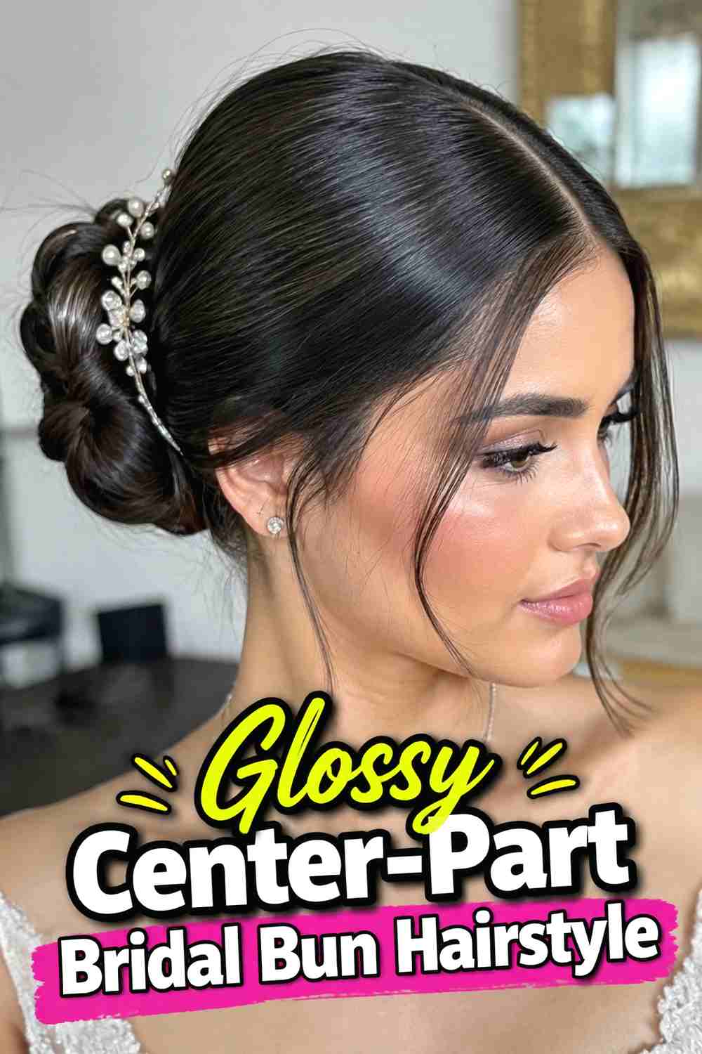 11. Glossy Center Part Bridal Bun Hairstyle