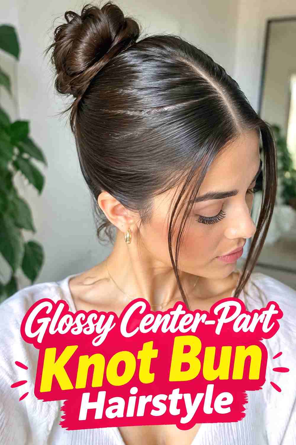 3. Glossy Center Part Knot Bun Hairstyle