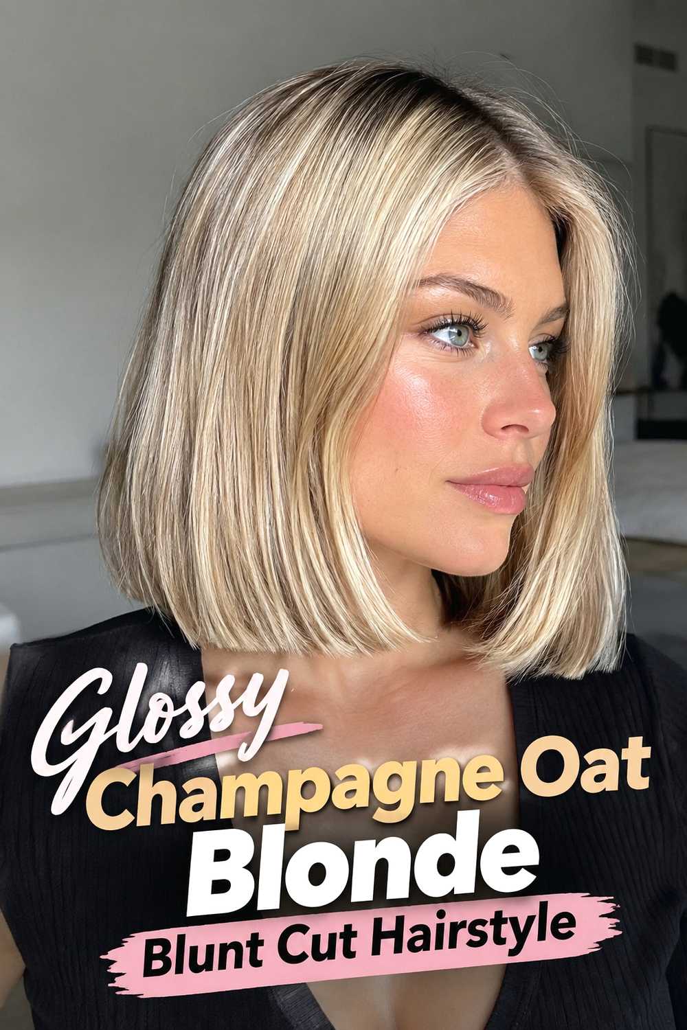 16. Glossy Champagne Oat Blonde Blunt Cut Hairstyle