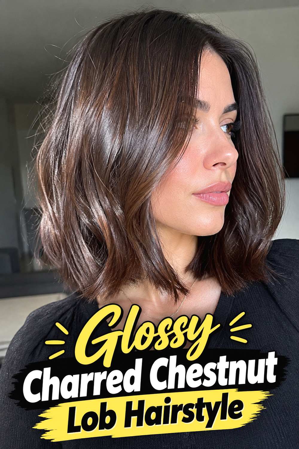 Glossy Charred Chestnut Lob Hairstyle