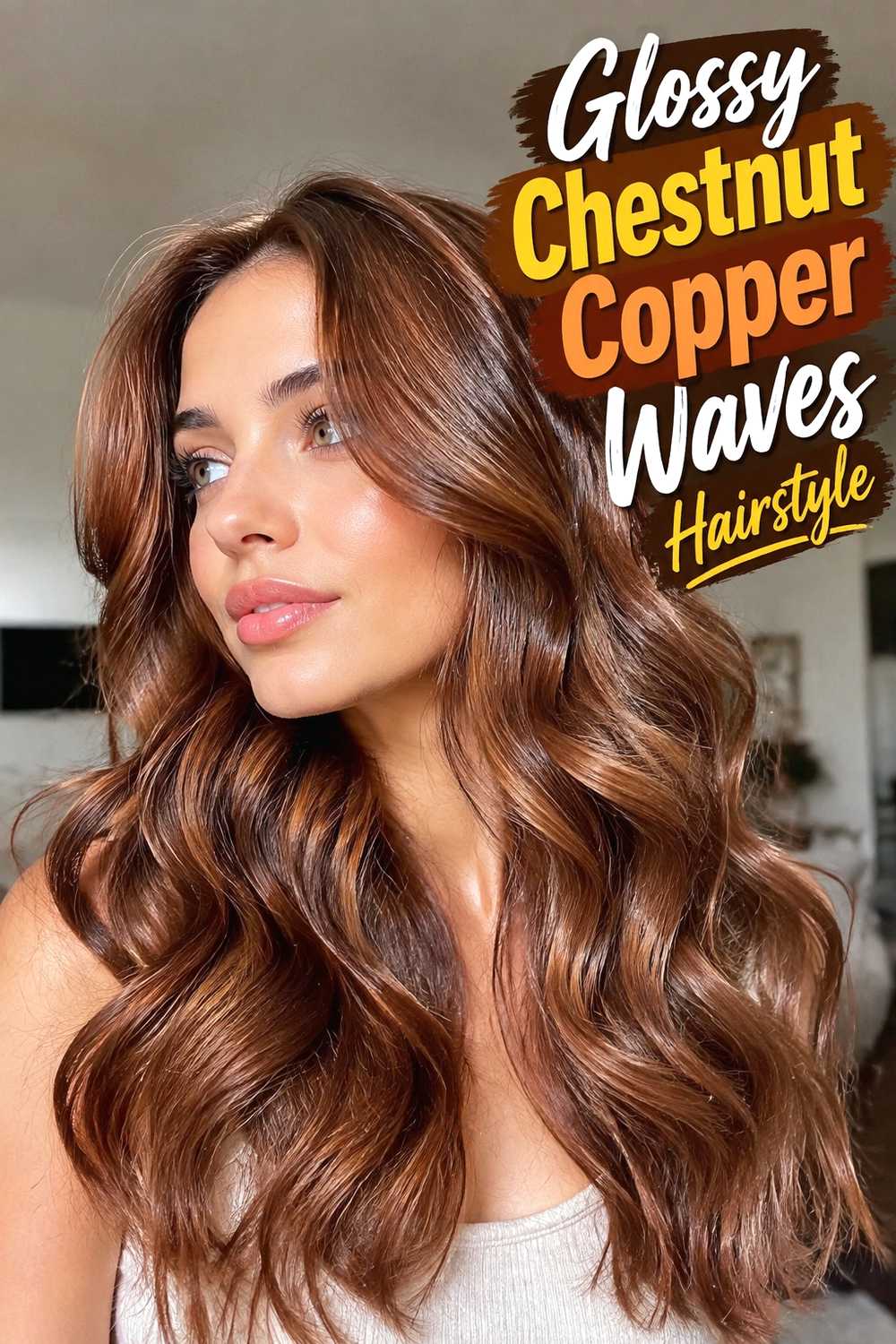 3. Glossy Chestnut Copper Waves Hairstyle