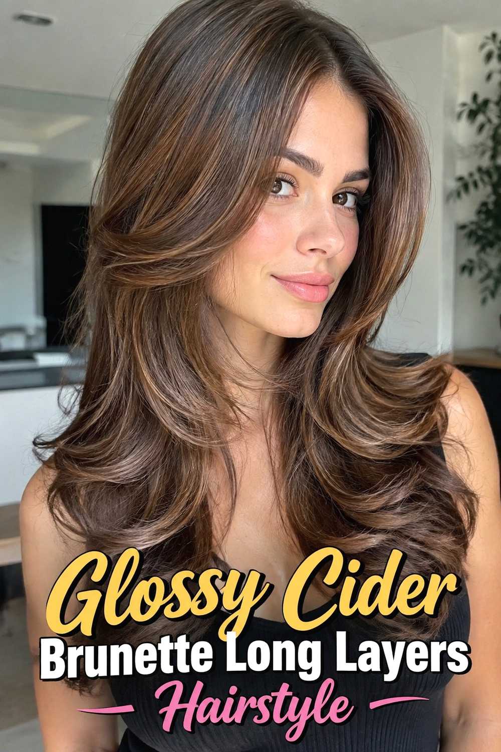 16. Glossy Cider Brunette Long Layers Hairstyle