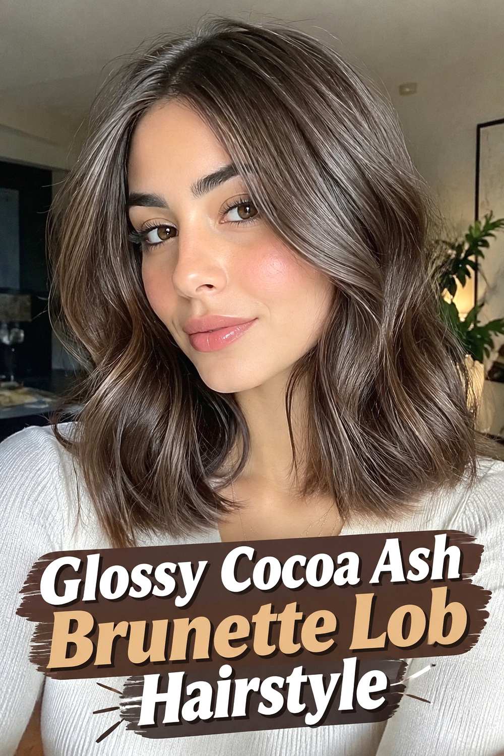 2. Glossy Cocoa Ash Brunette Lob Hairstyle