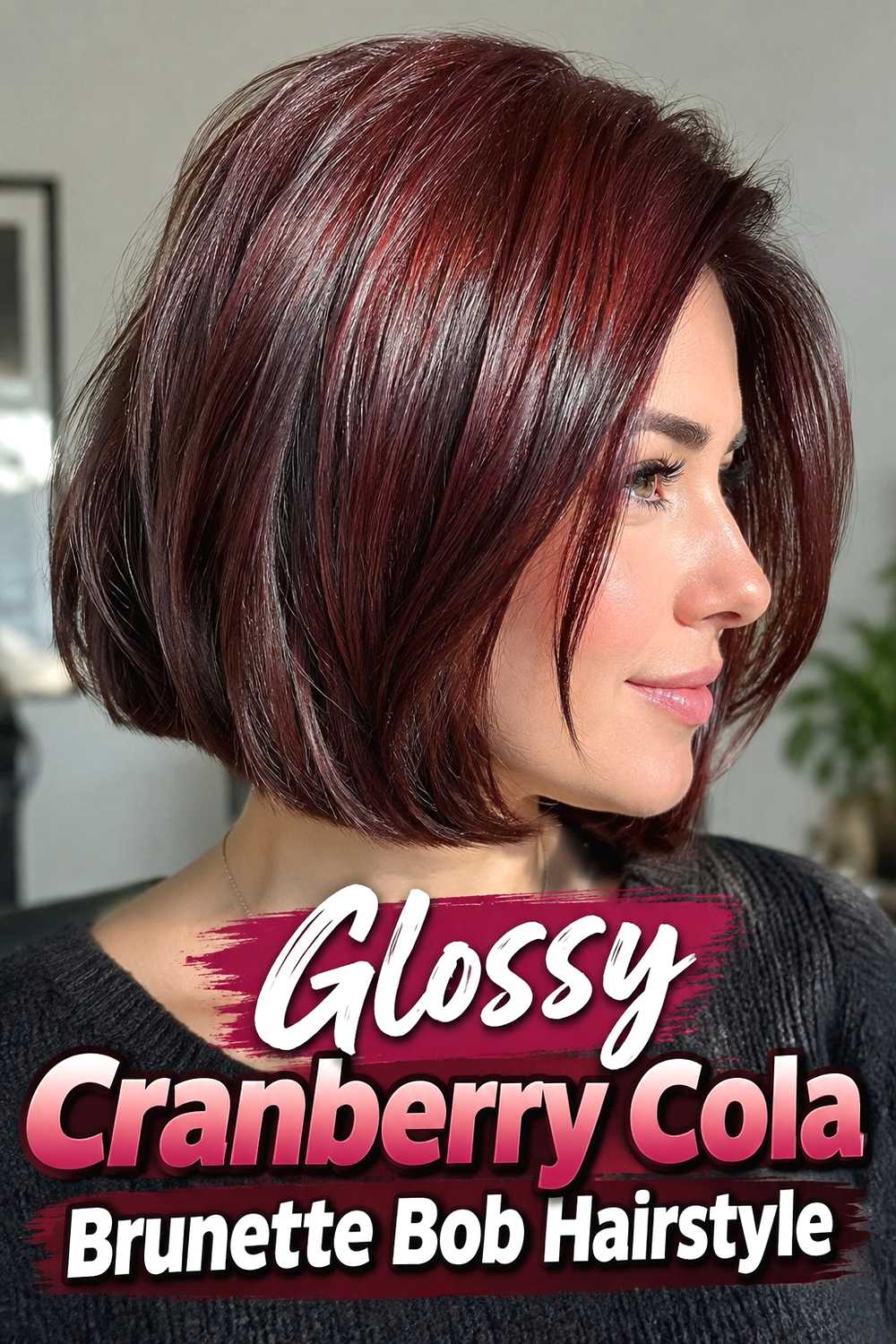 9. Glossy Cranberry Cola Brunette Bob Hairstyle