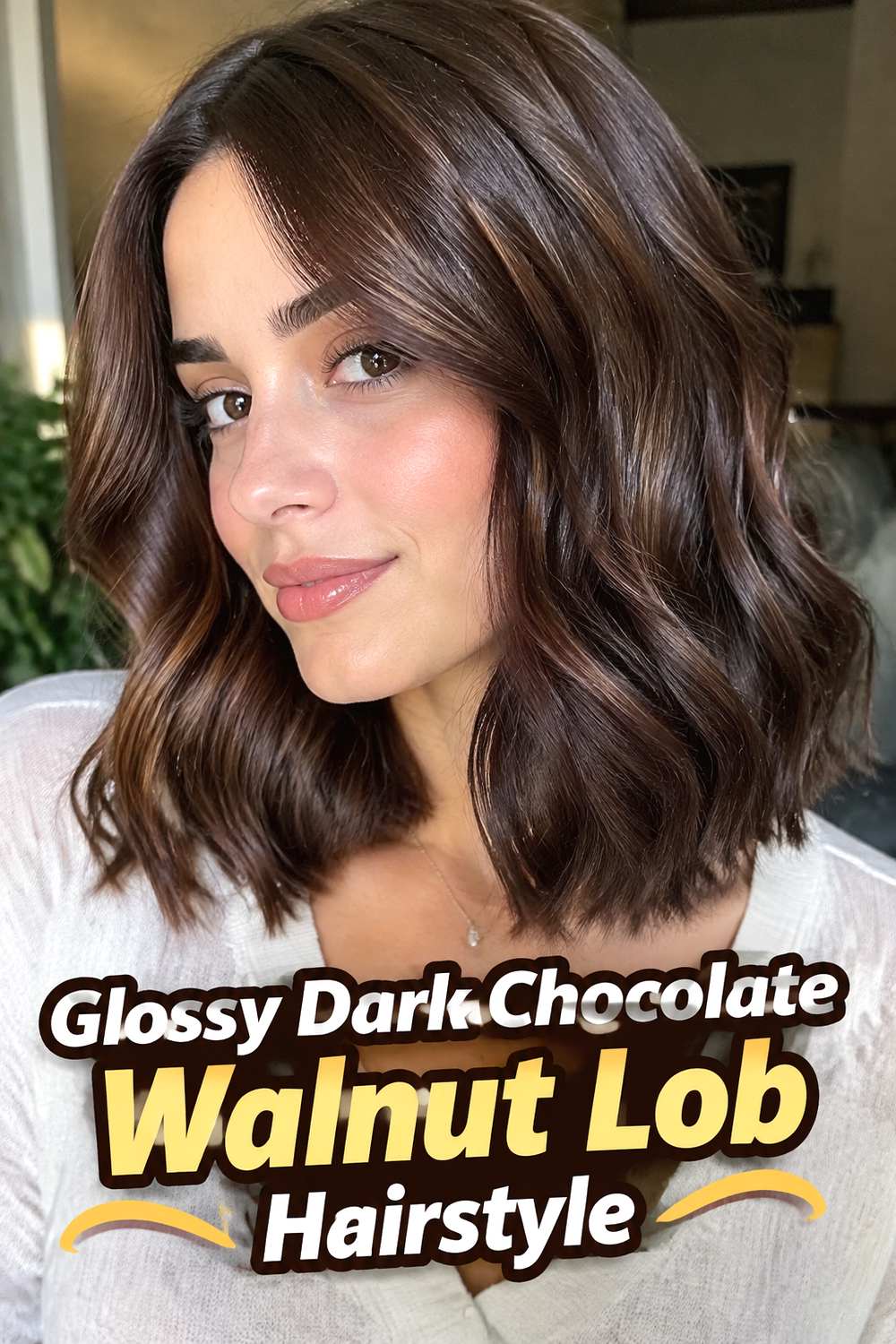 Glossy Dark Chocolate Walnut Lob Hairstyle