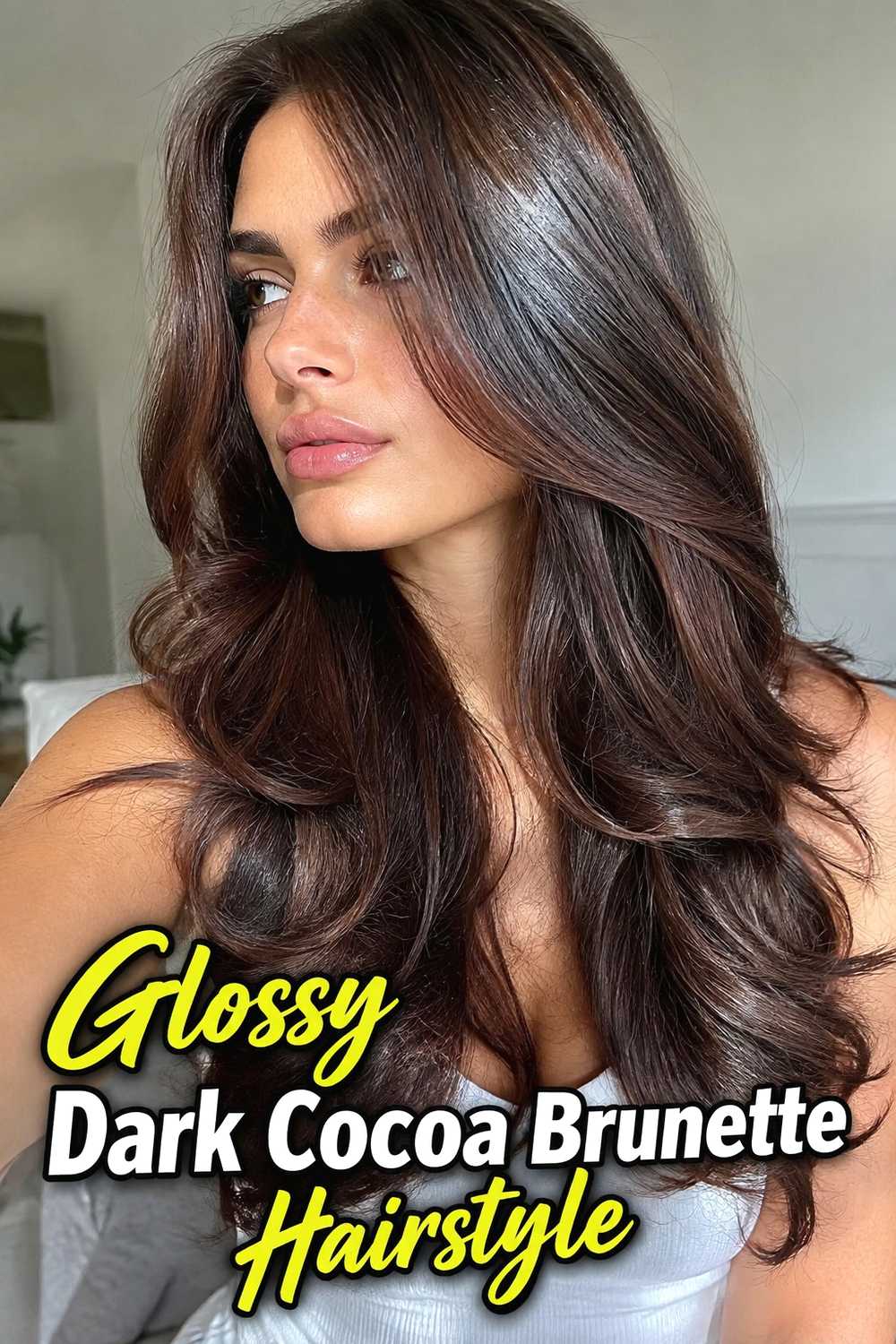 2. Glossy Dark Cocoa Brunette Hairstyle