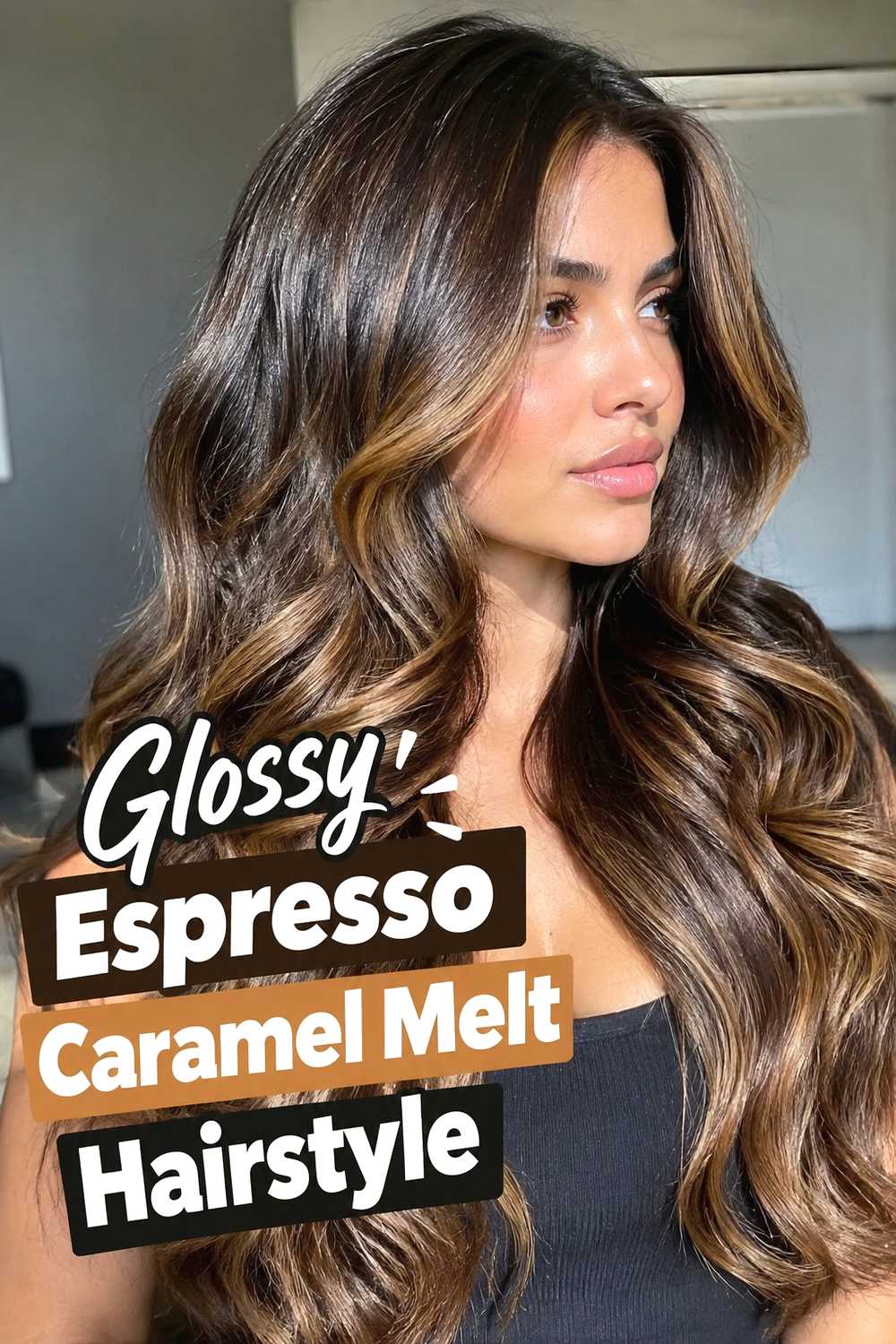 16. Glossy Espresso Caramel Melt Hairstyle