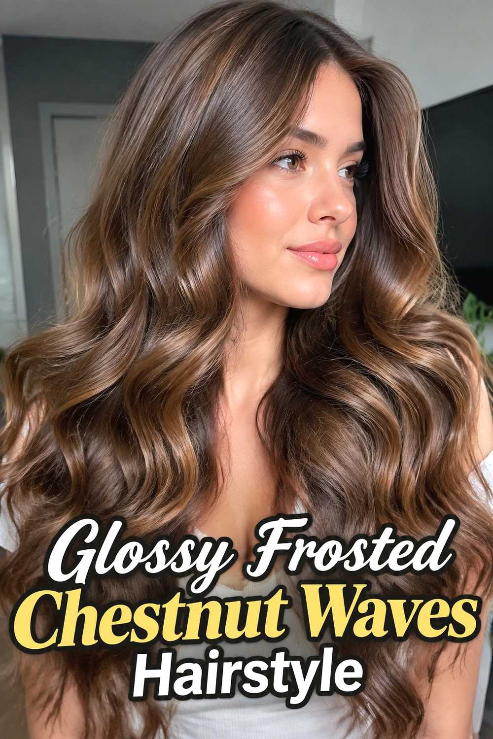 3. Glossy Frosted Chestnut Waves Hairstyle