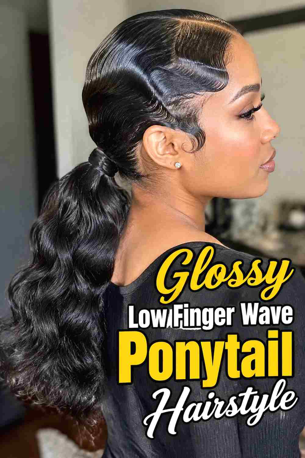 2. Glossy Low Finger Wave Ponytail Hairstyle