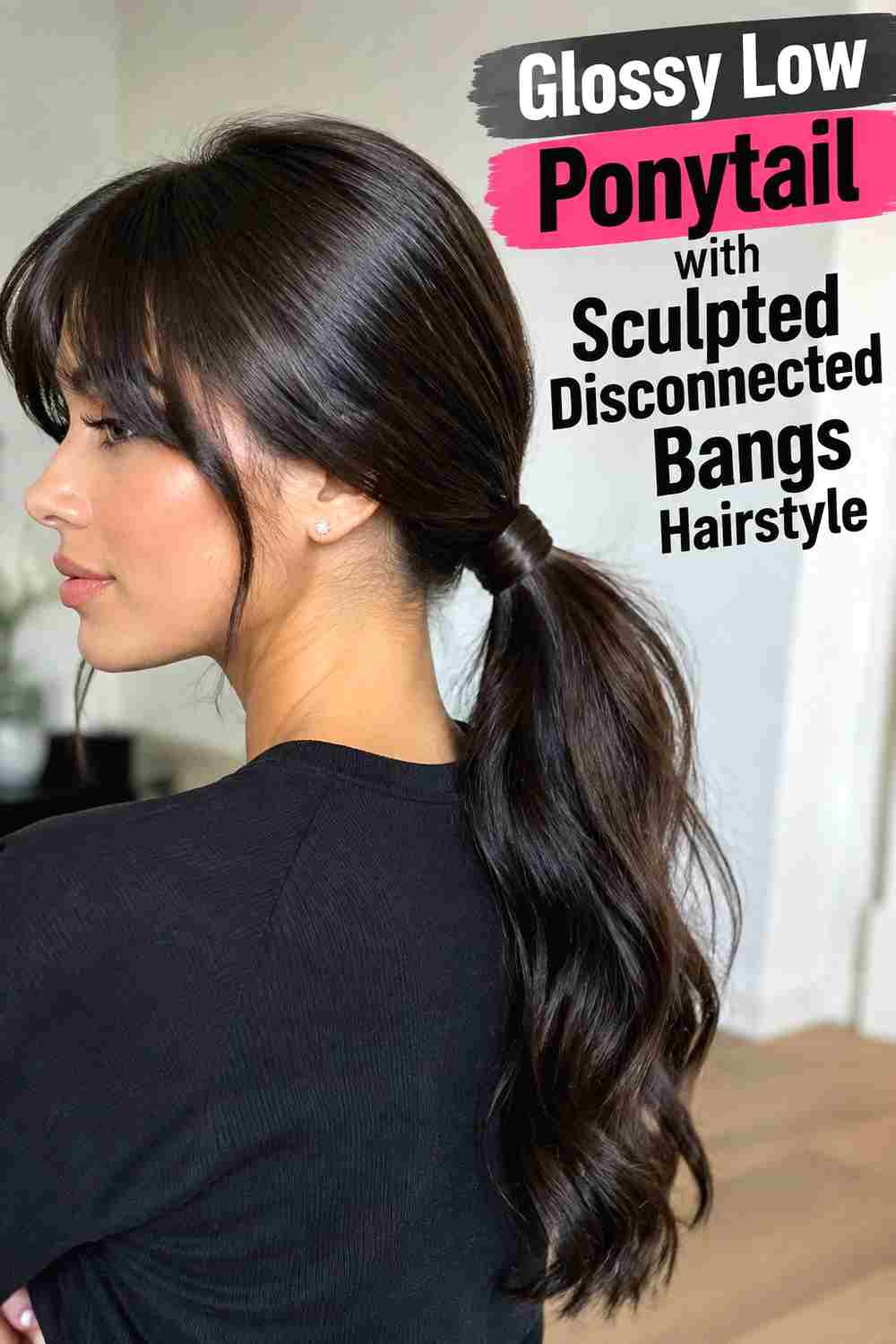 20. Glossy Low Ponytail With Sculpted Disconnected Bangs Hairstyle