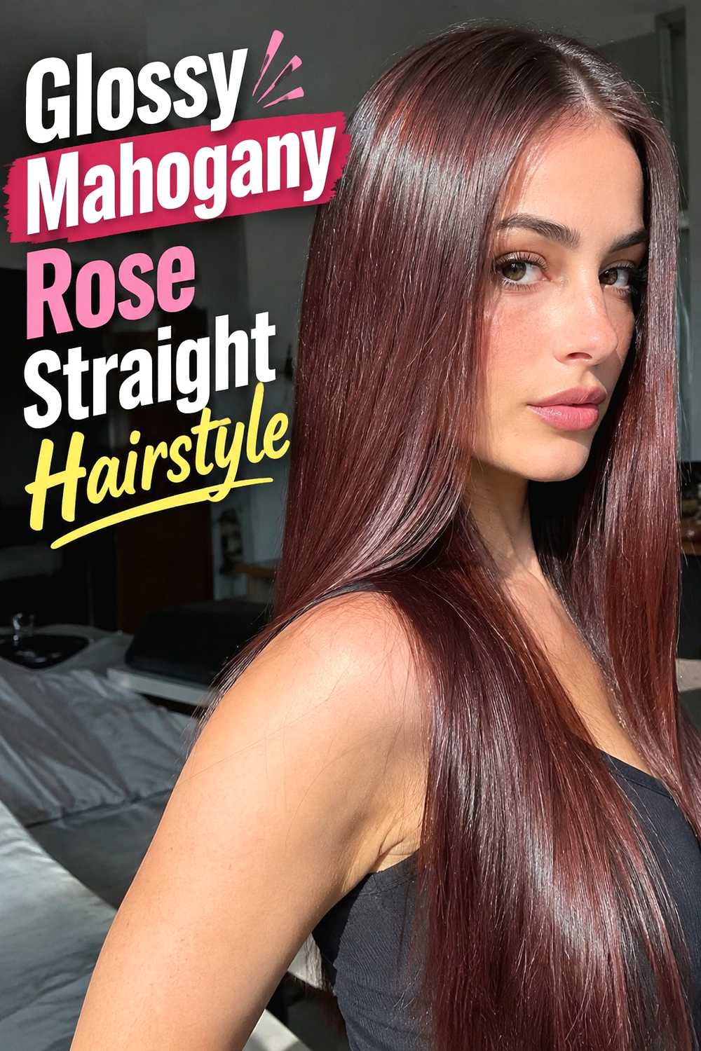16. Glossy Mahogany Rose Straight Hairstyle