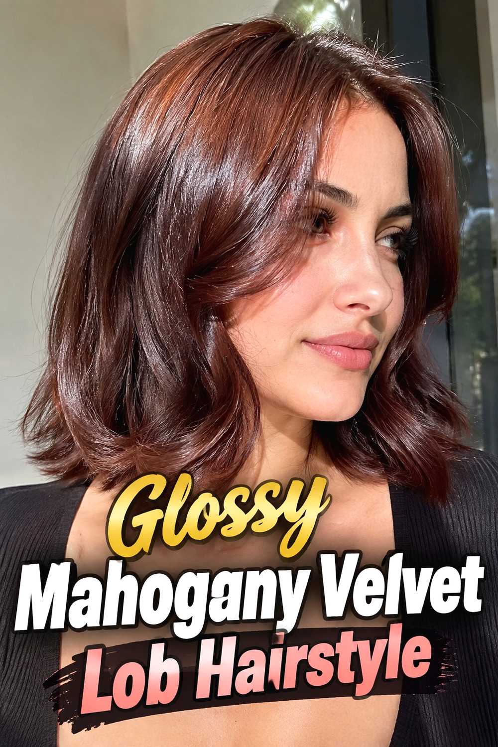 11. Glossy Mahogany Velvet Lob Hairstyle