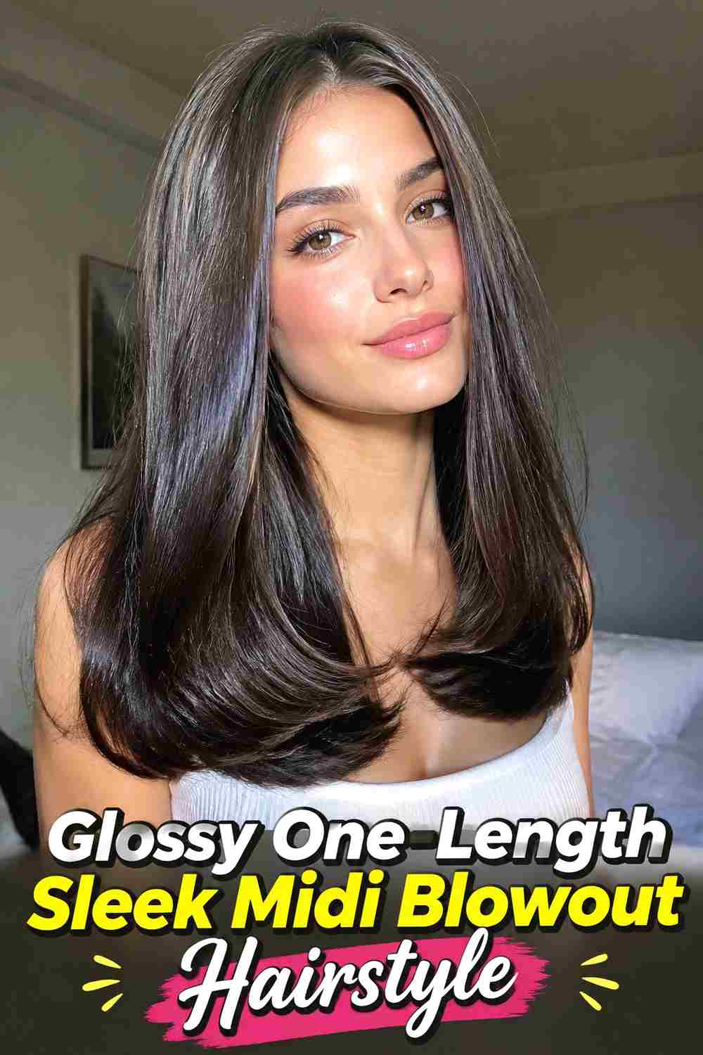 15. Glossy One Length Sleek Midi Blowout Hairstyle