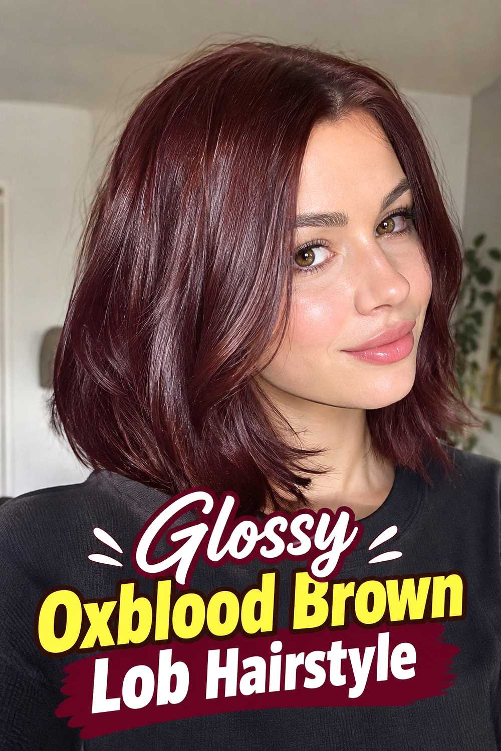 12. Glossy Oxblood Brown Lob Hairstyle