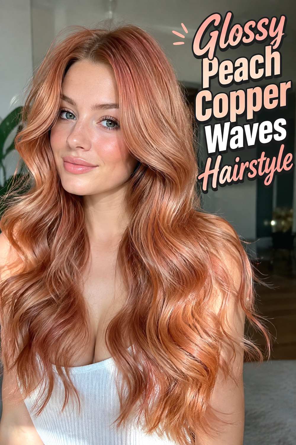 Glossy Peach Copper Waves Hairstyle
