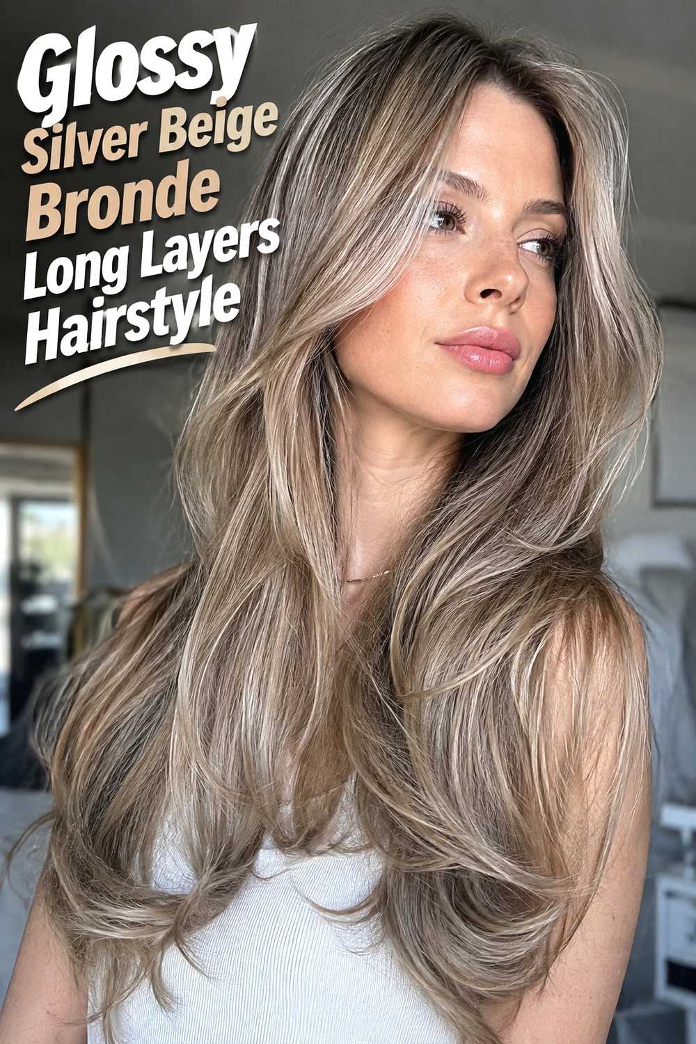 12. Glossy Silver Beige Bronde Long Layers Hairstyle